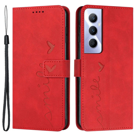 For Realme C65 4G Wallet Case Love Heart Imprinted Skin-Touch Feeling Leather Cover - Red