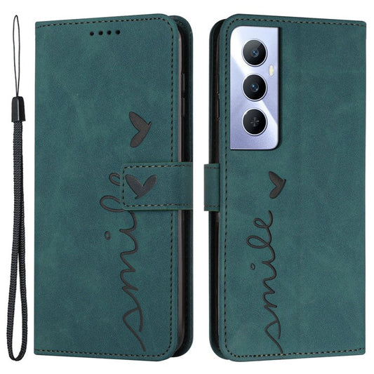 For Realme C65 4G Wallet Case Love Heart Imprinted Skin-Touch Feeling Leather Cover - Green