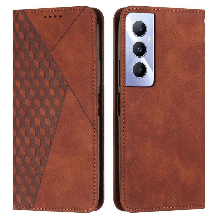 For Realme C65 4G Phone Case PU Leather Magnetic Closing Phone Stand Cover - Brown