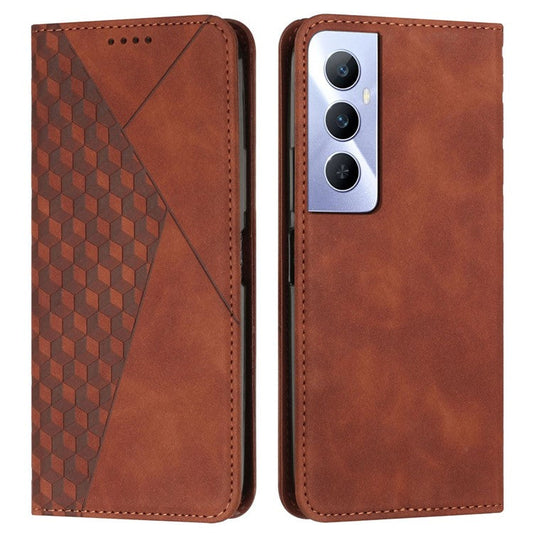 For Realme C65 4G Phone Case PU Leather Magnetic Closing Phone Stand Cover - Brown