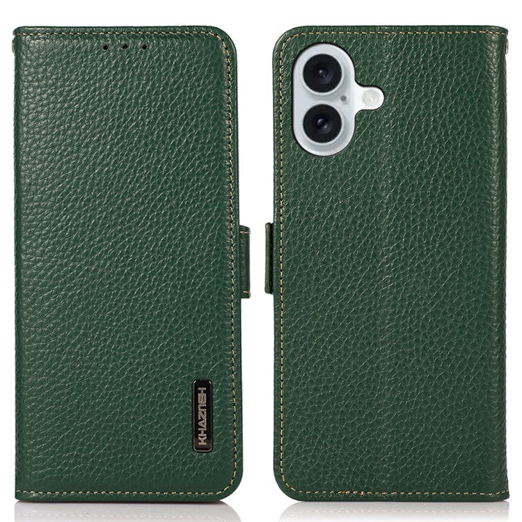 KHAZNEH For iPhone 16 Plus Wallet Case RFID Blocking Genuine Cow Leather Phone Cover - Green