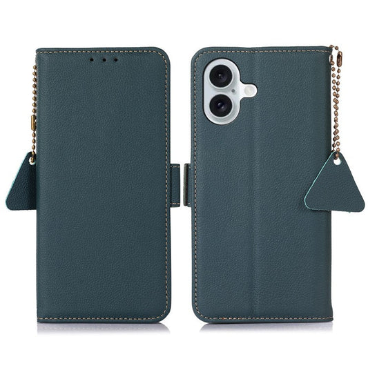 TJ For iPhone 16 Plus Case Genuine Cow Leather RFID Blocking Wallet Phone Cover - Green