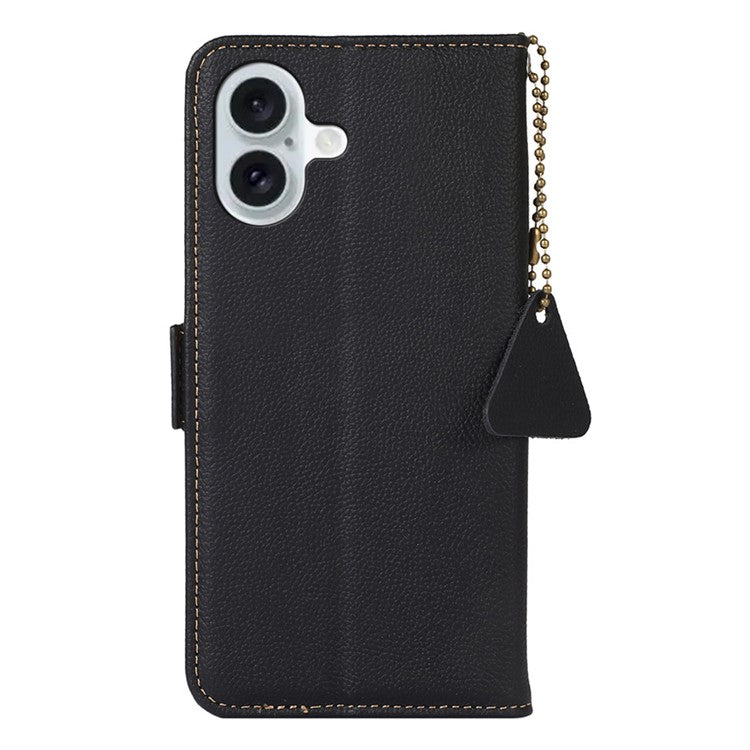 TJ For iPhone 16 Case RFID Blocking Genuine Cow Leather Phone Cover with Wallet Stand -  Black