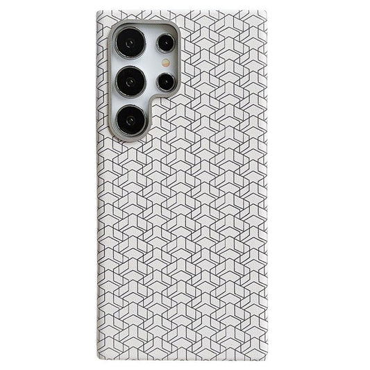 For Samsung Galaxy S24 Ultra Case Leather+TPU Phone Cover Geometric Pattern Design - White