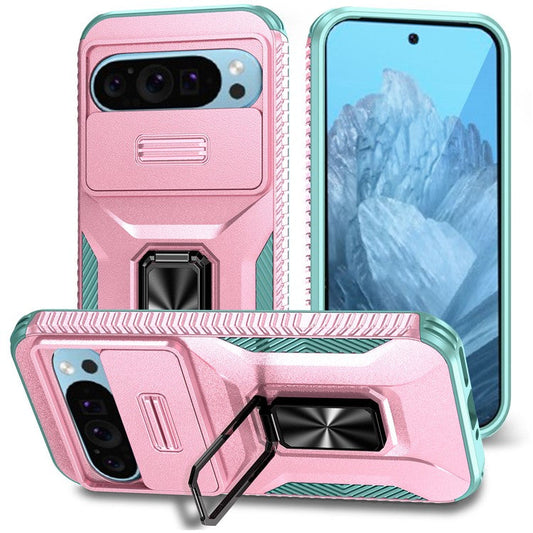 For Google Pixel 9 / Pixel 9 Pro Kickstand Case TPU+PC Phone Cover Support Magnetic Car Mount - Pink+Grey Green