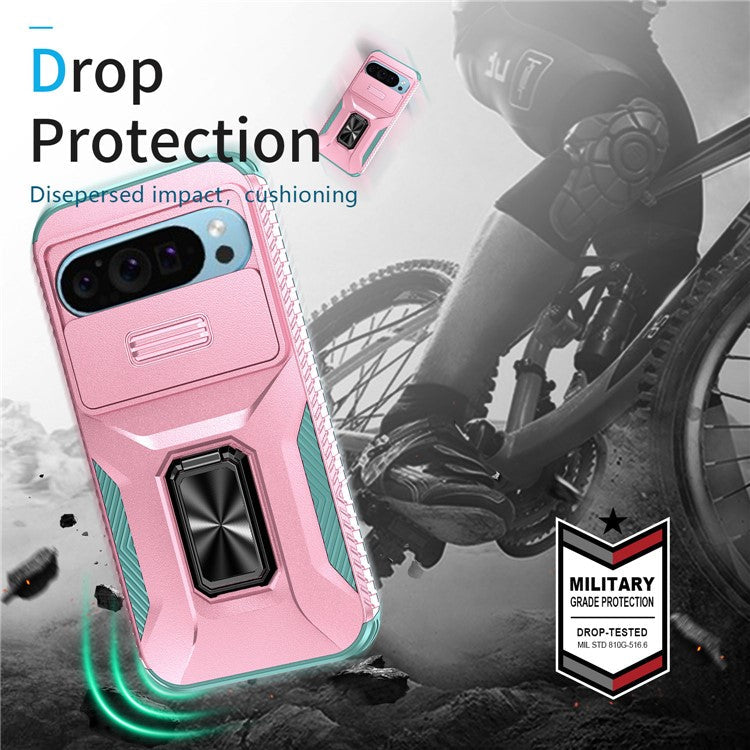 For Google Pixel 9 / Pixel 9 Pro Kickstand Case TPU+PC Phone Cover Support Magnetic Car Mount - Pink+Grey Green