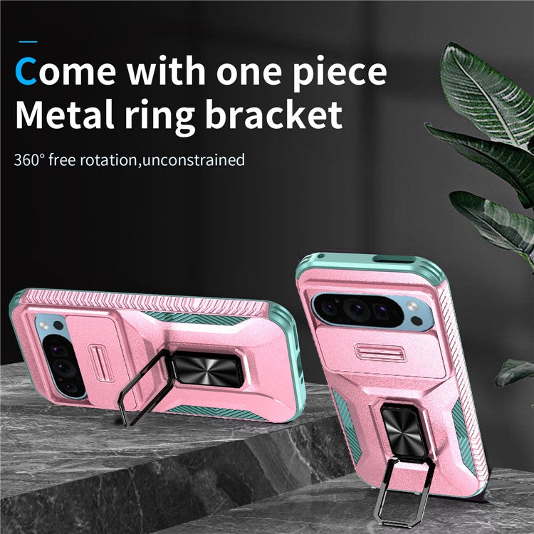 For Google Pixel 9 / Pixel 9 Pro Kickstand Case TPU+PC Phone Cover Support Magnetic Car Mount - Pink+Grey Green