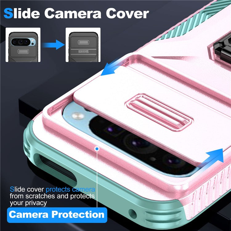For Google Pixel 9 / Pixel 9 Pro Kickstand Case TPU+PC Phone Cover Support Magnetic Car Mount - Pink+Grey Green