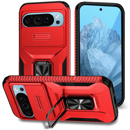 For Google Pixel 9 / Pixel 9 Pro Kickstand Case TPU+PC Phone Cover Support Magnetic Car Mount - Red