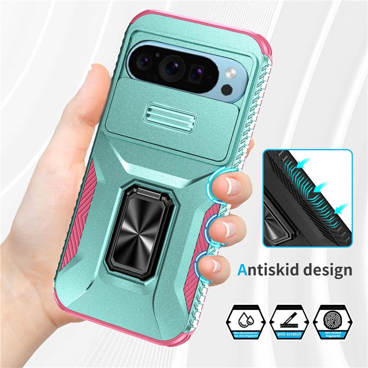 For Google Pixel 9 / Pixel 9 Pro Kickstand Case TPU+PC Phone Cover Support Magnetic Car Mount - Grey Green+Pink