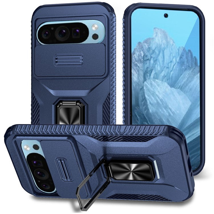 For Google Pixel 9 / Pixel 9 Pro Kickstand Case TPU+PC Phone Cover Support Magnetic Car Mount - Blue