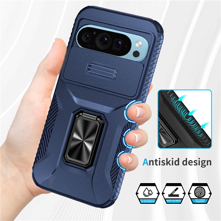 For Google Pixel 9 / Pixel 9 Pro Kickstand Case TPU+PC Phone Cover Support Magnetic Car Mount - Blue