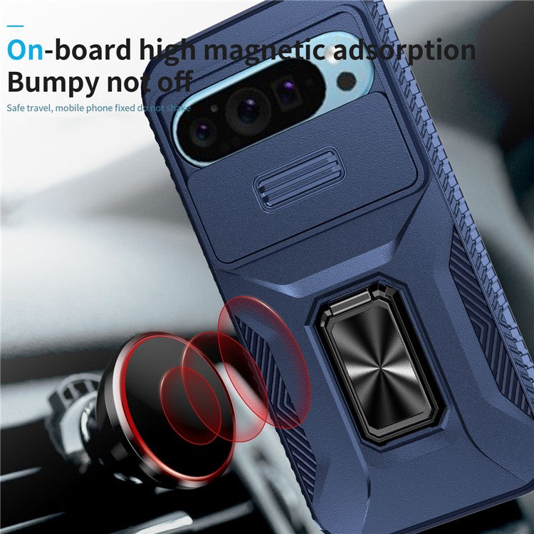 For Google Pixel 9 / Pixel 9 Pro Kickstand Case TPU+PC Phone Cover Support Magnetic Car Mount - Blue