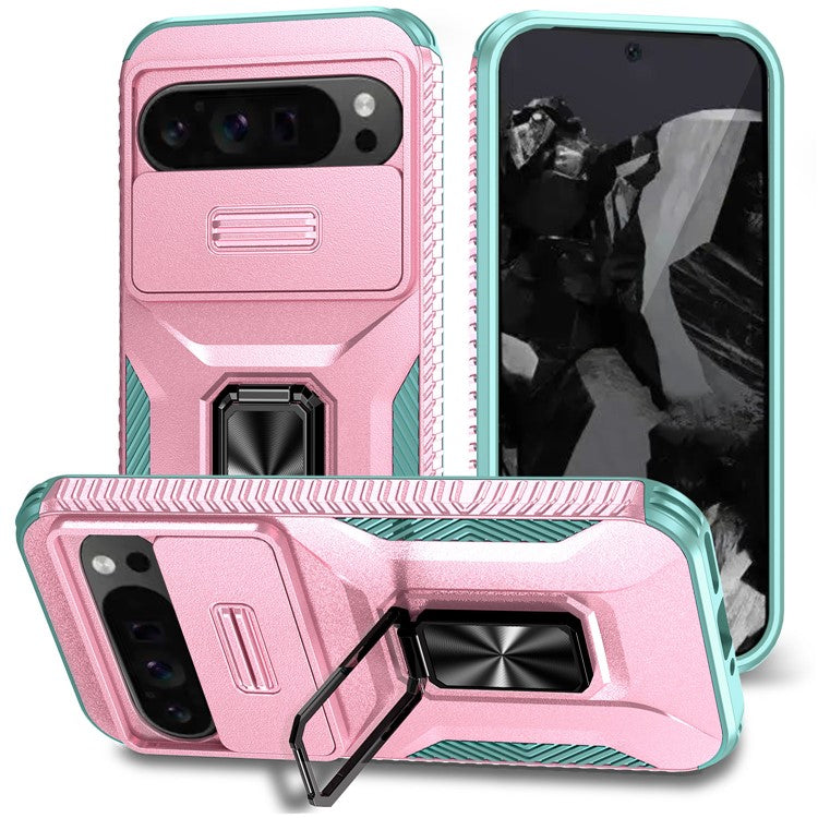 For Google Pixel 9 Pro XL Case TPU+PC Ring Kickstand Phone Cover with Lens Guard - Pink+Grey Green