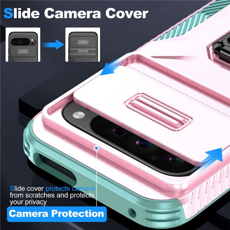 For Google Pixel 9 Pro XL Case TPU+PC Ring Kickstand Phone Cover with Lens Guard - Pink+Grey Green