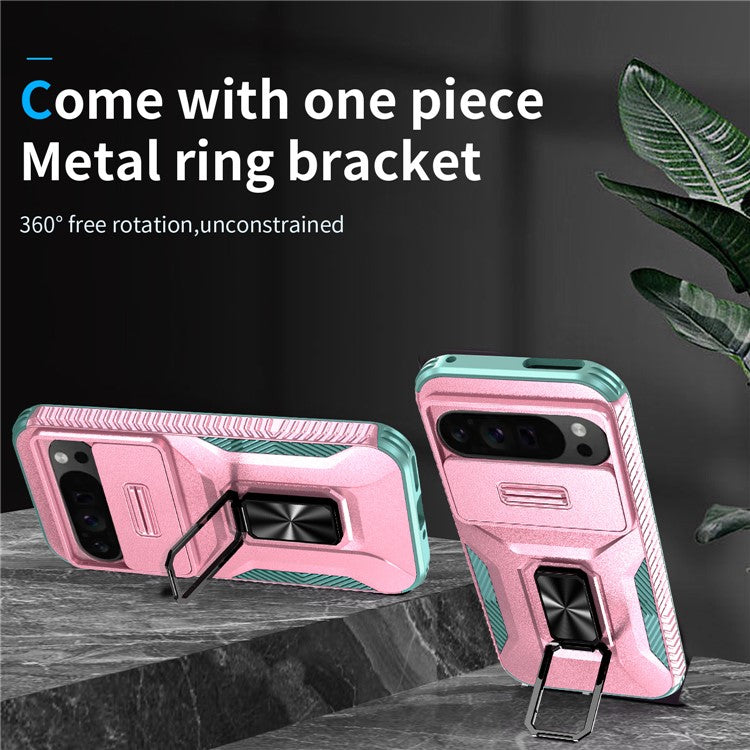 For Google Pixel 9 Pro XL Case TPU+PC Ring Kickstand Phone Cover with Lens Guard - Pink+Grey Green
