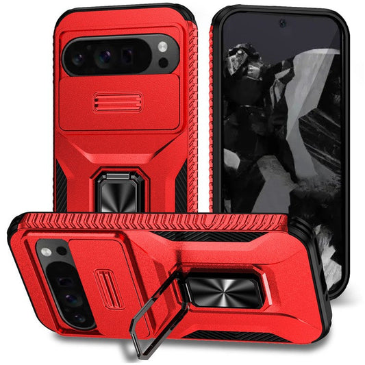 For Google Pixel 9 Pro XL Case TPU+PC Ring Kickstand Phone Cover with Lens Guard - Red