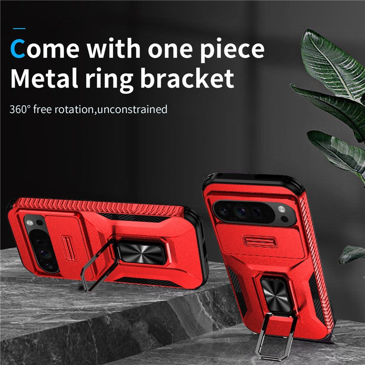 For Google Pixel 9 Pro XL Case TPU+PC Ring Kickstand Phone Cover with Lens Guard - Red