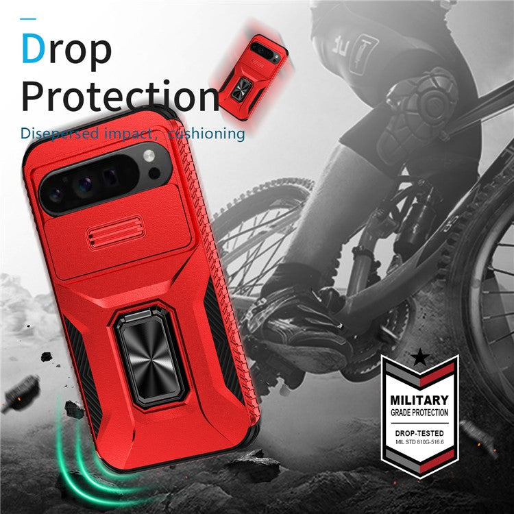 For Google Pixel 9 Pro XL Case TPU+PC Ring Kickstand Phone Cover with Lens Guard - Red