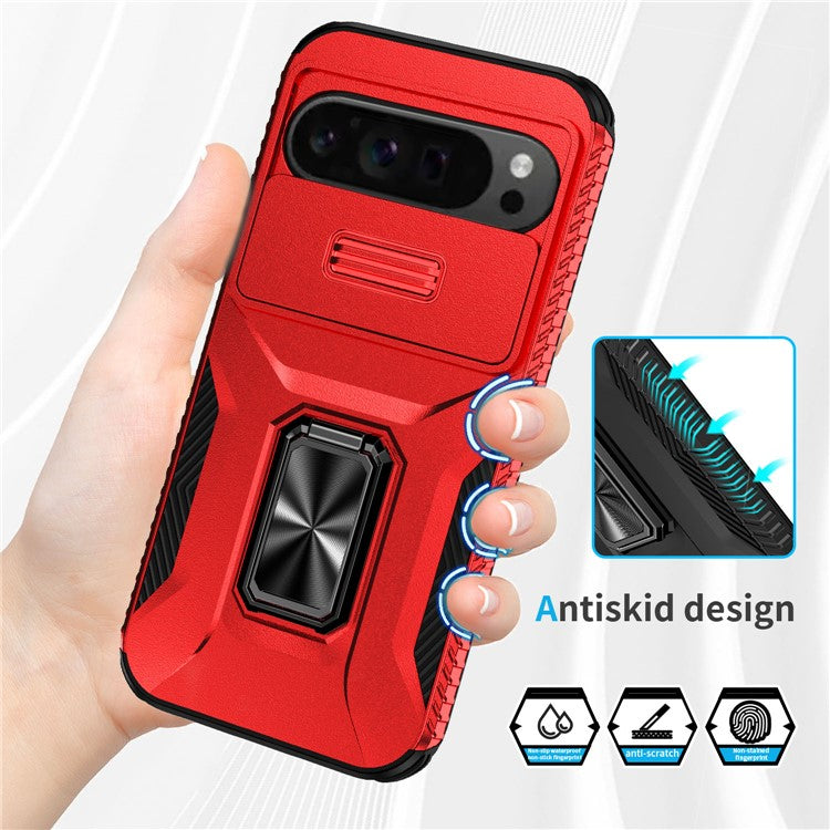For Google Pixel 9 Pro XL Case TPU+PC Ring Kickstand Phone Cover with Lens Guard - Red