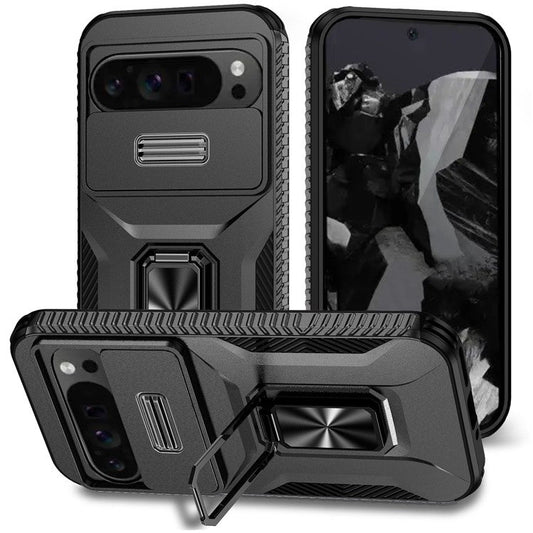 For Google Pixel 9 Pro XL Case TPU+PC Ring Kickstand Phone Cover with Lens Guard - Black