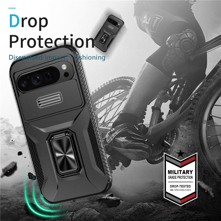 For Google Pixel 9 Pro XL Case TPU+PC Ring Kickstand Phone Cover with Lens Guard - Black