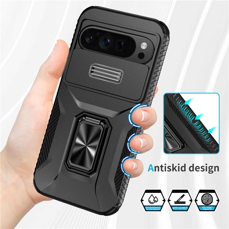 For Google Pixel 9 Pro XL Case TPU+PC Ring Kickstand Phone Cover with Lens Guard - Black