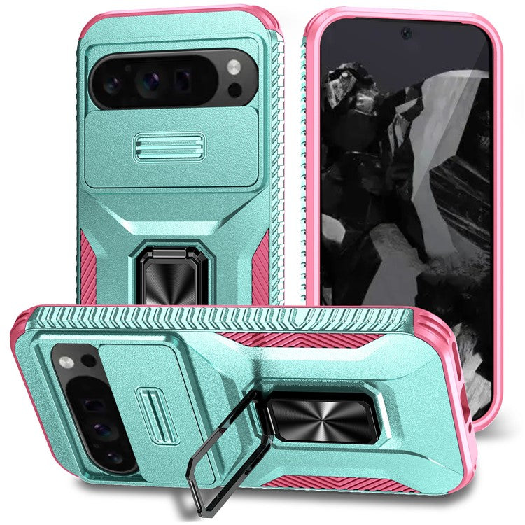 For Google Pixel 9 Pro XL Case TPU+PC Ring Kickstand Phone Cover with Lens Guard - Grey Green+Pink