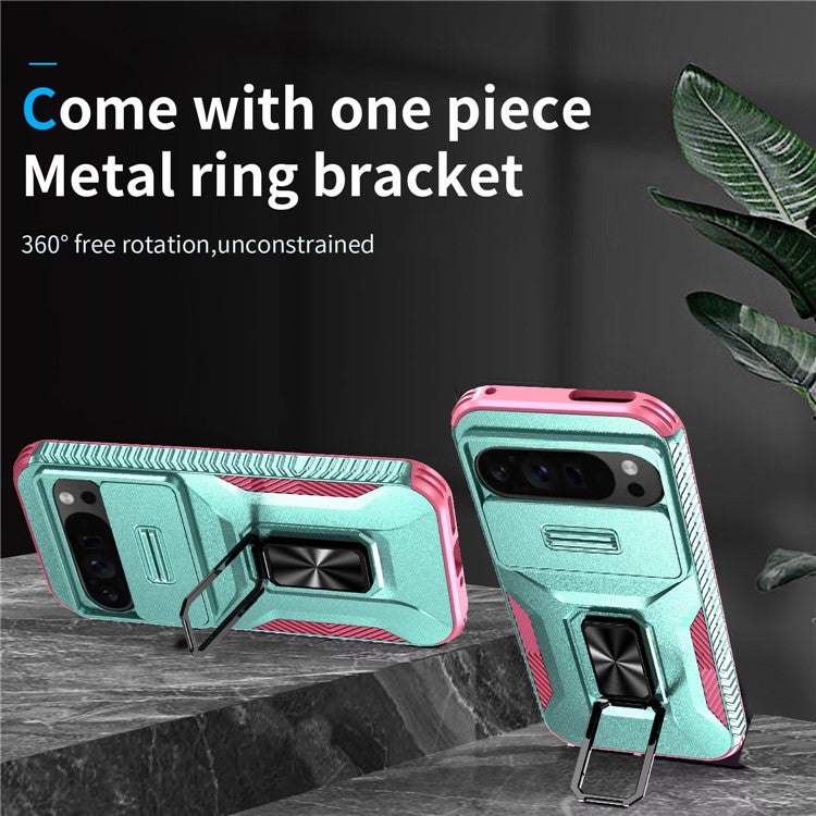 For Google Pixel 9 Pro XL Case TPU+PC Ring Kickstand Phone Cover with Lens Guard - Grey Green+Pink
