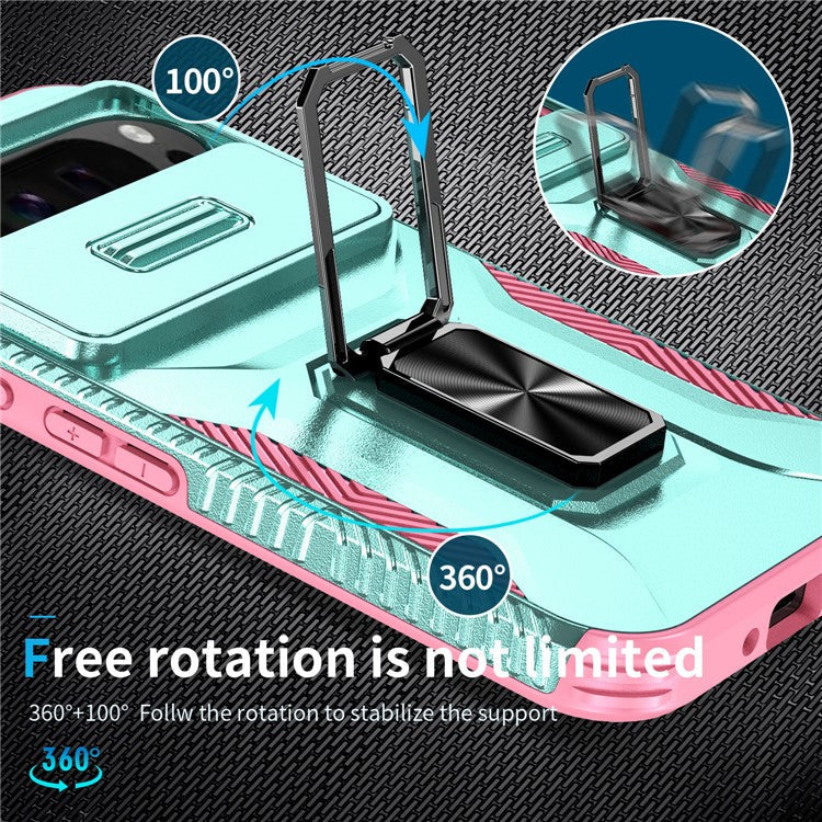 For Google Pixel 9 Pro XL Case TPU+PC Ring Kickstand Phone Cover with Lens Guard - Grey Green+Pink