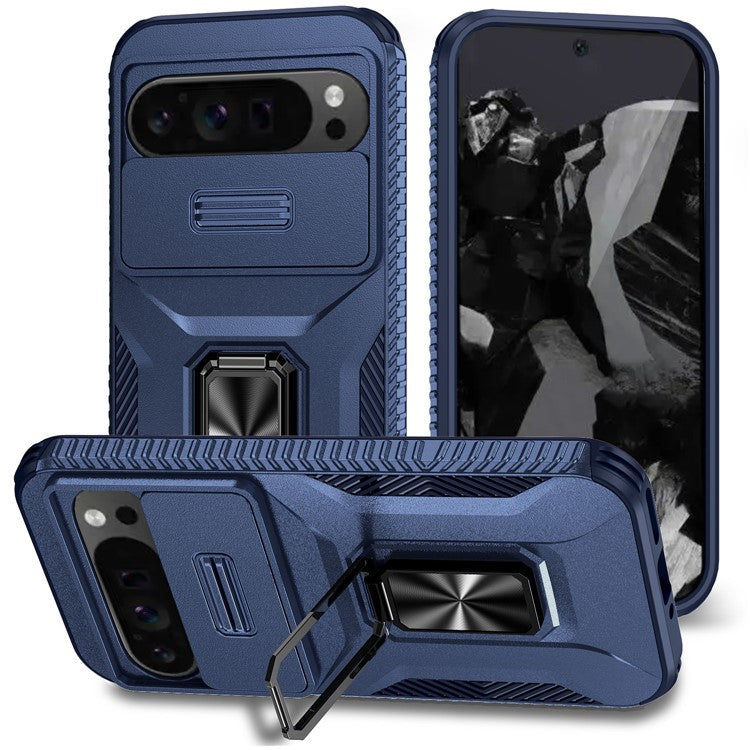 For Google Pixel 9 Pro XL Case TPU+PC Ring Kickstand Phone Cover with Lens Guard - Blue