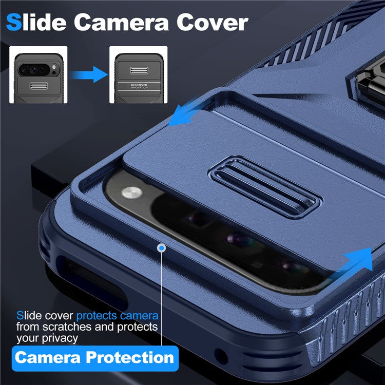 For Google Pixel 9 Pro XL Case TPU+PC Ring Kickstand Phone Cover with Lens Guard - Blue
