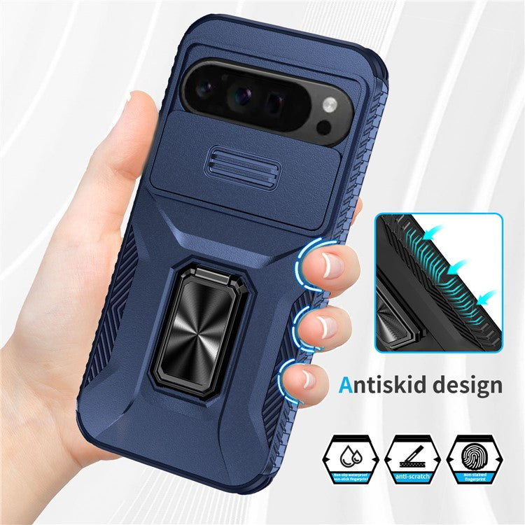 For Google Pixel 9 Pro XL Case TPU+PC Ring Kickstand Phone Cover with Lens Guard - Blue