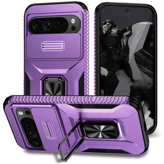 For Google Pixel 9 Pro XL Case TPU+PC Ring Kickstand Phone Cover with Lens Guard - Purple