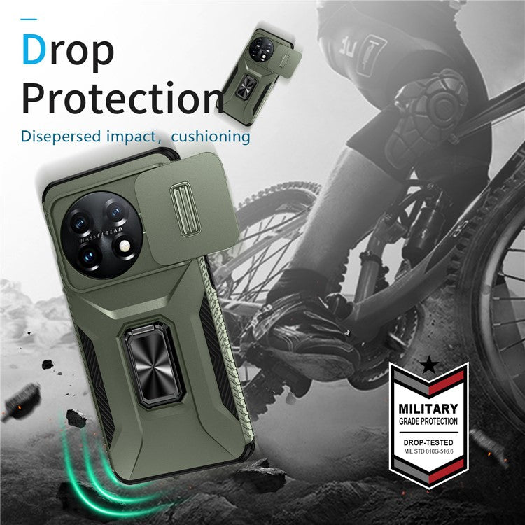 For OnePlus 11 5G Case TPU+PC Ring Kickstand Lens Lid Phone Cover - Green