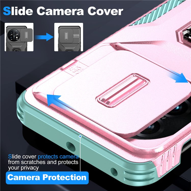 For OnePlus 11 5G Case TPU+PC Ring Kickstand Lens Lid Phone Cover - Pink+Grey Green