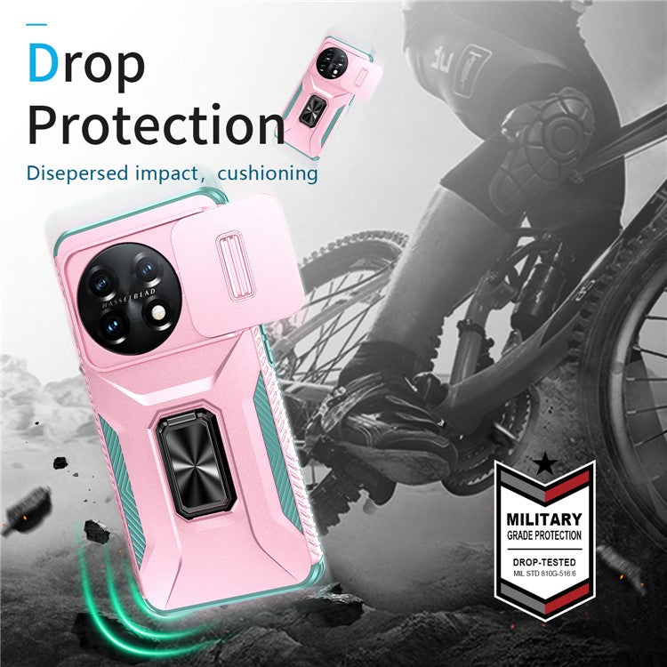 For OnePlus 11 5G Case TPU+PC Ring Kickstand Lens Lid Phone Cover - Pink+Grey Green