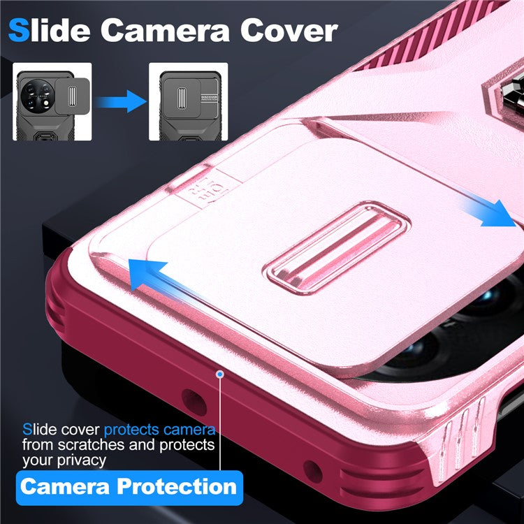 For OnePlus 11 5G Case TPU+PC Ring Kickstand Lens Lid Phone Cover - Pink+Wine Red