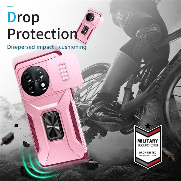 For OnePlus 11 5G Case TPU+PC Ring Kickstand Lens Lid Phone Cover - Pink+Wine Red