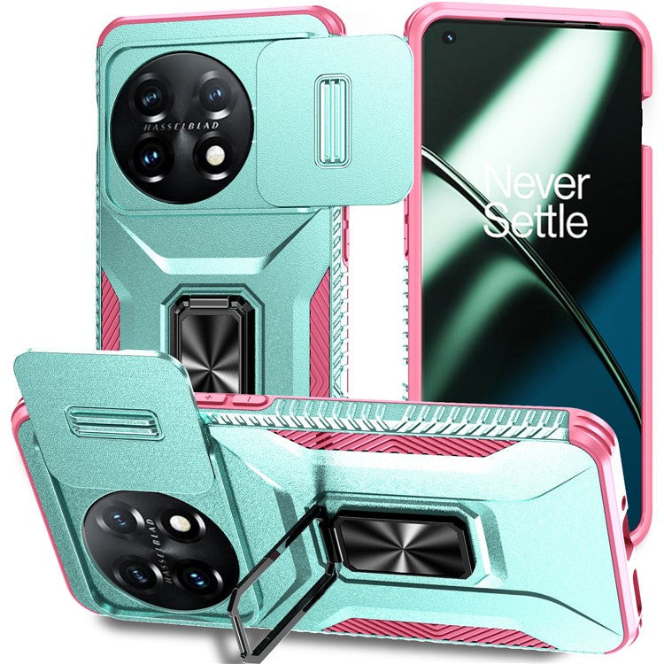 For OnePlus 11 5G Case TPU+PC Ring Kickstand Lens Lid Phone Cover - Grey Green+Pink