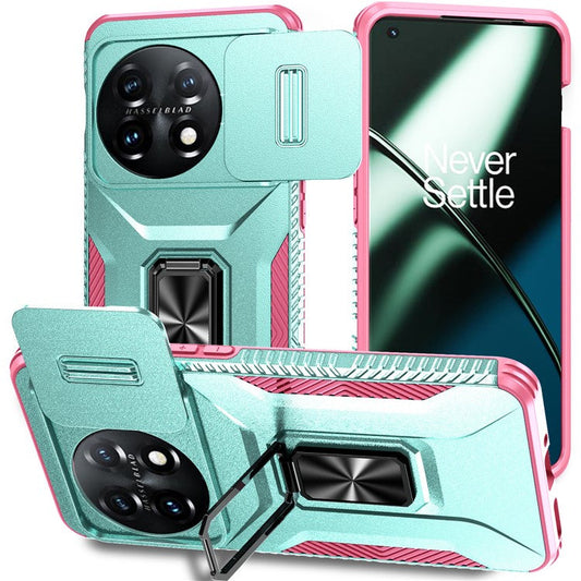 For OnePlus 11 5G Case TPU+PC Ring Kickstand Lens Lid Phone Cover - Grey Green+Pink