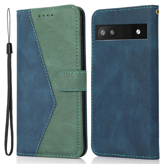 For Google Pixel 8a Case Color Splicing PU Leather Wallet Stand Phone Cover - Blue+Green