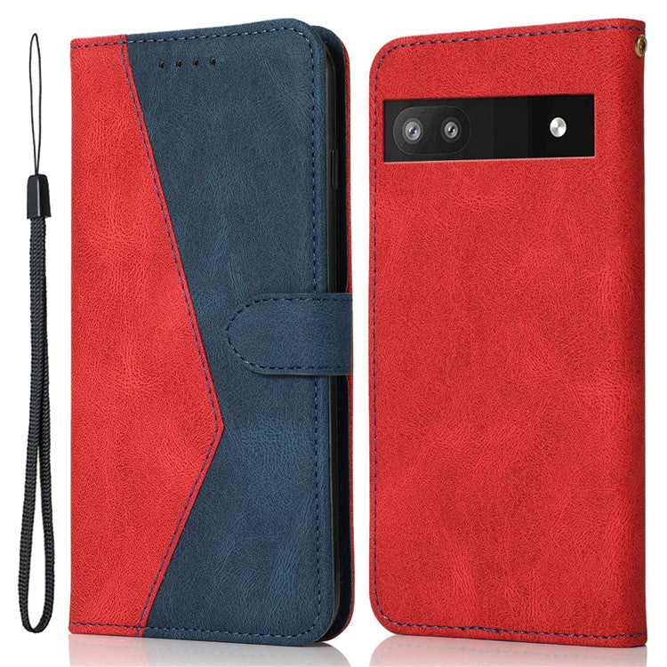 For Google Pixel 8a Case Color Splicing PU Leather Wallet Stand Phone Cover - Red+Blue