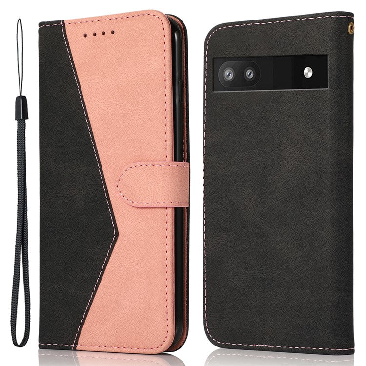 For Google Pixel 8a Case Color Splicing PU Leather Wallet Stand Phone Cover - Black+Pink