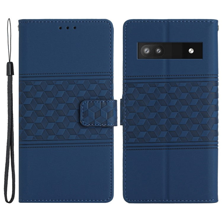 For Google Pixel 8a Wholesale Phone Case Imprinted Rhombus Wallet Phone Stand Cover - Blue