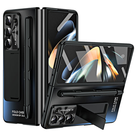 For Samsung Galaxy Z Fold6 5G AG Case Kickstand Matte PC Phone Cover with Tempered Glass Film / Stylus Pen - Black
