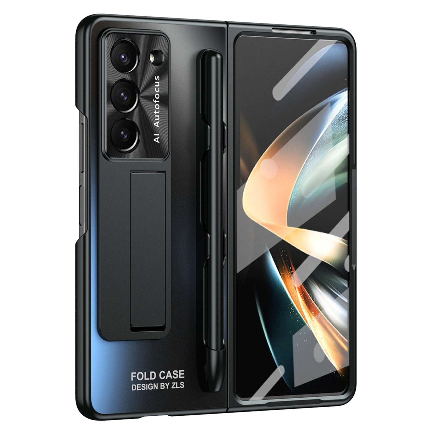 For Samsung Galaxy Z Fold6 5G AG Case Kickstand Matte PC Phone Cover with Tempered Glass Film / Stylus Pen - Black