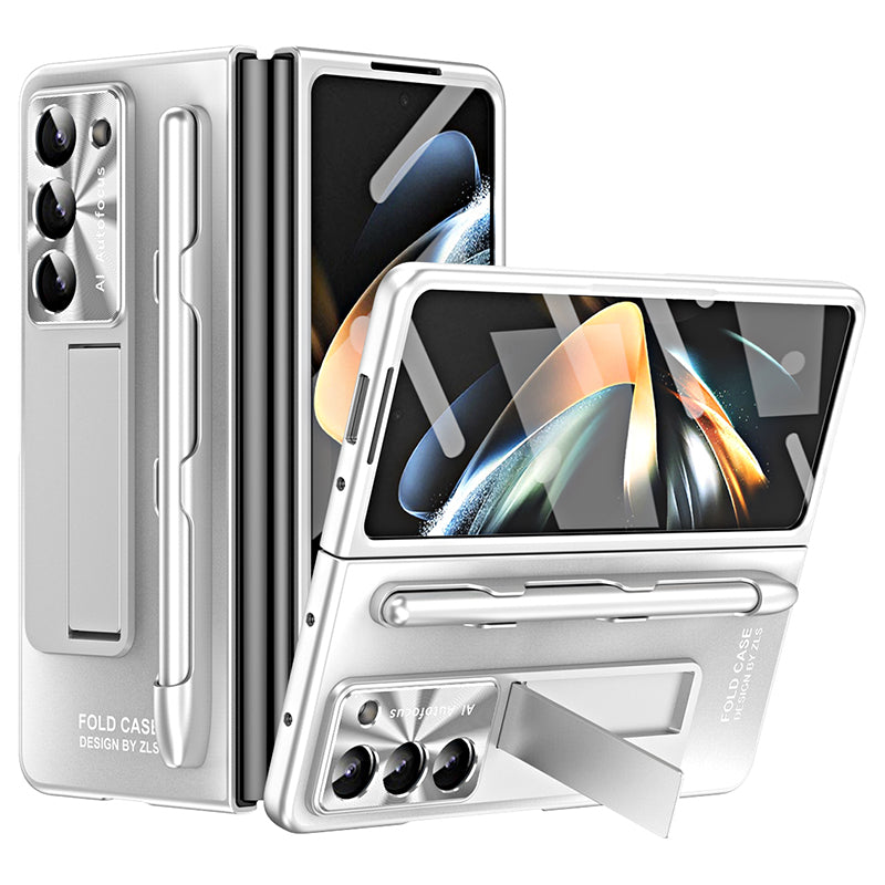 For Samsung Galaxy Z Fold6 5G AG Case Kickstand Matte PC Phone Cover with Tempered Glass Film / Stylus Pen - Silver
