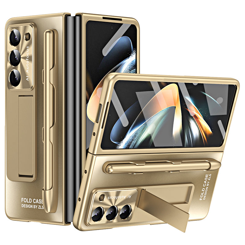 For Samsung Galaxy Z Fold6 5G AG Case Kickstand Matte PC Phone Cover with Tempered Glass Film / Stylus Pen - Champagne Gold