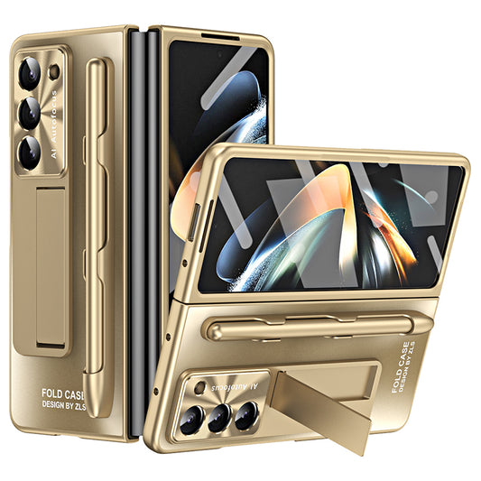 For Samsung Galaxy Z Fold6 5G AG Case Kickstand Matte PC Phone Cover with Tempered Glass Film / Stylus Pen - Champagne Gold
